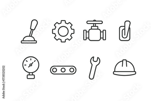 Machinery Control Icons. Outline icon set of control in machinery: lever, gear, valve, switch, pressure gauge, conveyor belt, wrench, safety helmet. Line icons