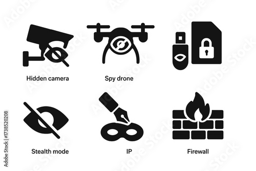 Hidden Tech Icons. Solid, filled icon set of hidden technology: hidden camera, spy drone, encrypted file, secret USB, stealth mode, invisible ink, masked IP,