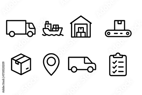 Supply Chain Icons. Outline icon set of supply chain: truck, cargo ship, warehouse, conveyor belt, package, GPS tracker, delivery van, checklist. [Line icons
