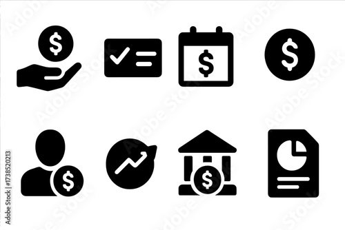 Equity Dividends Icons. Solid, filled icon set of equity dividends: cash payout, check icon, calendar payment, dollar sign, shareholder, investment return,