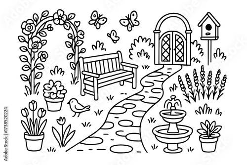 Enchanting Garden Path. Garden Walk. Hand-drawn doodle illustration stone path, wooden bench, climbing roses, trellis, potted plants, birdhouse, fountain,