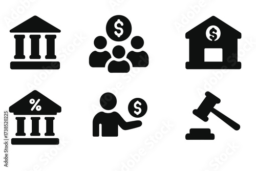 Financial Institutions Icons. Solid, filled icon set of creditor institutions: bank, credit union, finance company, lending agency, debt collector, court,