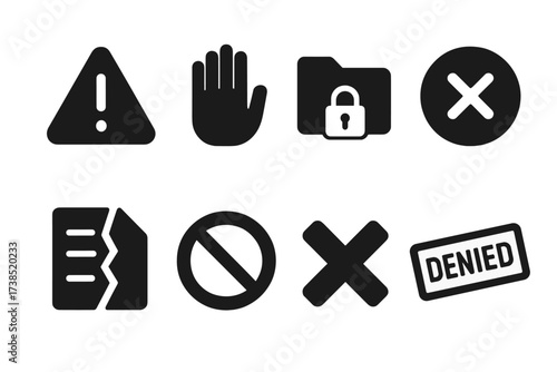 Refusal Alert Icons. Solid, filled icon set of refusal alert: warning sign, stop hand, locked folder, cancel circle, broken document, no entry symbol, error