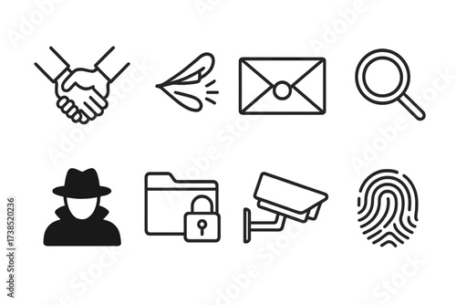 Covert Influence Icons. Outline icon set of covert influence: handshake behind back, whispering mouth, sealed envelope, magnifying glass, shadowy silhouette,