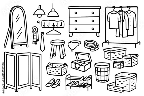 Functional Dressing Space Doodles. Hand-drawn doodle illustration Functional dressing and storage space full-length mirror, hanger, dresser, shoe rack, clothes