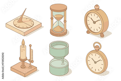 Timekeeping Through Ages. Isometric vector illustration set Timekeeping history: sundial, hourglass, mechanical clock, candle