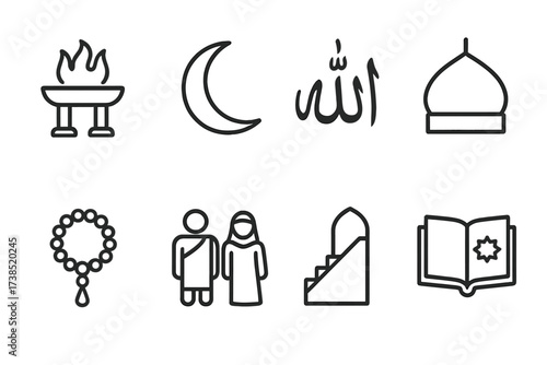 Iran Religious Icon Set. Outline icon set of Iranian religious symbols: Zoroastrian fire altar, Crescent moon, Calligraphy of Allah, Mosque dome, Prayer beads,