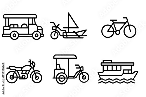 Southeast Asian Icon Sets. Outline icon set of Indonesian daily life: market stall, woven basket, cooking fire, traditional house, water jar, fishing net,