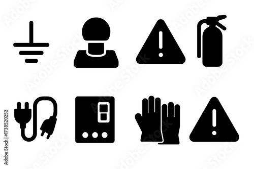 Electric Safety Icon Set. Solid, filled icon set of electric vehicle charging safety: grounding symbol, emergency stop, warning triangle, fire extinguisher,