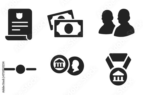 Central Bank Icon Set. Solid, filled icon set of central bank history: founding document, old banknotes, historical building, past governors, timeline, vintage
