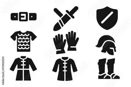 Armor Accessory Icons. Solid, filled icon set of armor accessories: belt, sword sheath, shield strap, chainmail shirt, leather gloves, padded gambeson, helmet