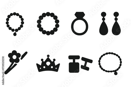 Jewelry Icon Grid. Solid, filled icon set of jewelry pieces: necklace, bracelet, ring, earrings, brooch, tiara, cufflinks, anklet. Solid, filled icons in only