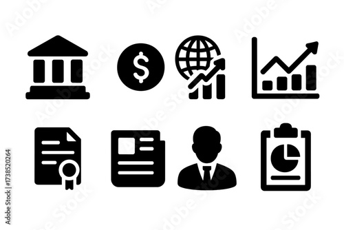 Interest Rate Icons. Solid, filled icon set of interest rate influencers: central bank, inflation, economy, market trend, policy document, news, analyst,