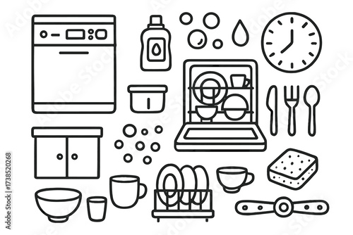 Kitchen Dishware Doodle. Hand-drawn doodle illustration Kitchen dishwasher dishwasher door, cabinet, dish rack, plate, cup, bowl, fork, knife, spoon, bubbles,