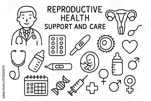 Reproductive Health Doodles. Hand-drawn doodle illustration Reproductive health support and care doctor stethoscope, uterus, sperm, egg cell, contraception