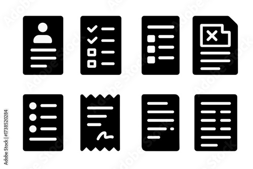 Paper Forms Icon Set. Solid, filled icon set of paper forms: application form, registration paper, survey sheet, feedback form, ballot paper, questionnaire,