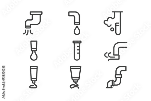Tube Fluid Icons. Outline icon set of tube fluids and contents: water flow, oil drip, gas release, liquid measurement, cream application, paint squeeze, air