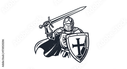 Monochrome Illustration of a Knight with Sword and Shield Depicting Medieval Warfare and Chivalry