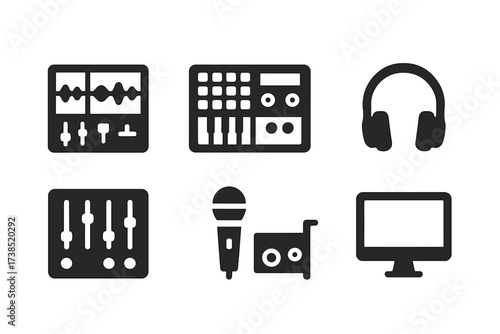 Digital Audio Tools Icons. Solid, filled icon set of digital session tools: DAW software, MIDI controller, audio interface, headphones, mixing console,