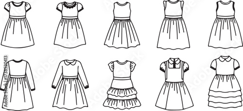 Kids Outline Dress drawing  Set,  girl dress vector line art illustration