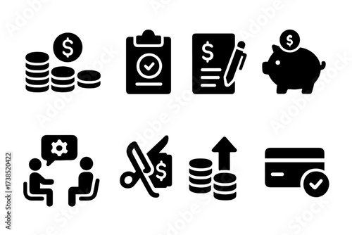 Overdraft Recovery Icons. Solid, filled icon set of overdraft recovery methods: debt consolidation, payment plan, loan application, savings increase, financial
