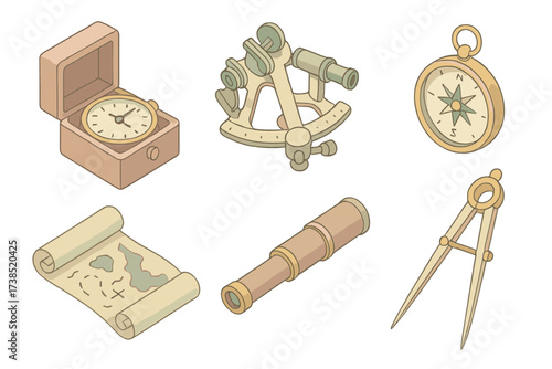 Nautical Tools Icons. Isometric vector illustration set Nautical navigation tools: marine chronometer, sextant, compass, telescope