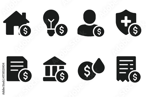 Financial Obligations Icons. Solid, filled icon set of financial obligations: rent, utilities, salaries, insurance, taxes, loans, interest payments, supplier