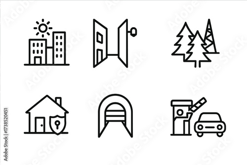 Field Agent Icon Set. Outline icon set of field agent environment: urban city, alleyway, forest, rooftop, safe house, underground tunnel, border crossing,