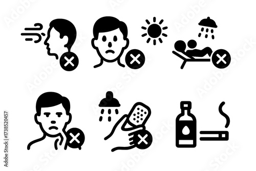 Windburn Prevention Icons. Solid, filled icon set of windburn activities to avoid: prolonged wind exposure, harsh cleansing, sunbathing, scratching, hot