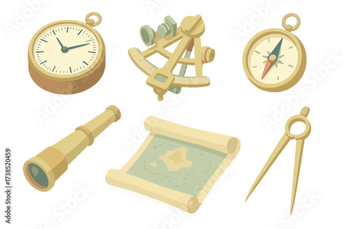 Nautical Tools Icons. Isometric vector illustration set Nautical navigation tools: marine chronometer, sextant, compass, telescope