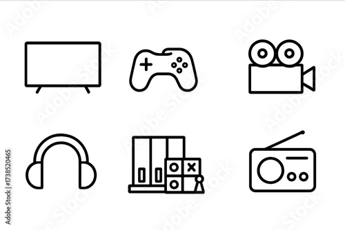 Home Entertainment Icons. Outline icon set of home entertainment: television, game controller, music speaker, movie projector, headphones, bookshelf with