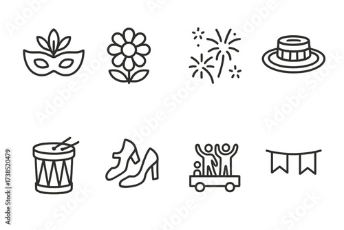 Colombian & Peruvian Icons. Outline icon set of Colombian festivals: carnival mask, flower festival, fireworks, traditional hat, drum, dancing shoes, parade,