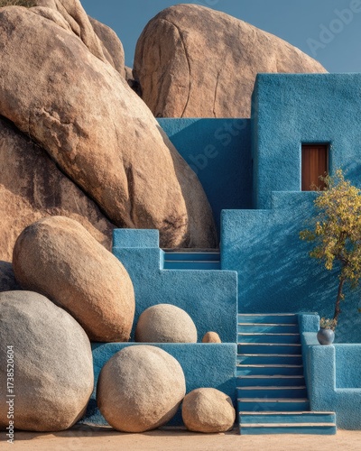 Southwestern architecture integrates with large boulders and desert landscape under a clear blue sky