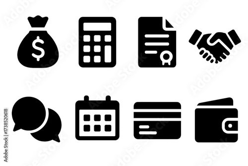 Debt Advice Icons. Solid, filled icon set of debt consolidation advice: money bag, calculator, contract, handshake, credit card, speech bubbles, calendar,