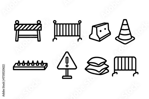 Barricade Icon Set. Outline icon set of barricades and barriers: roadblock, metal fence, concrete barrier, traffic cone, spike strip, warning sign, sandbag