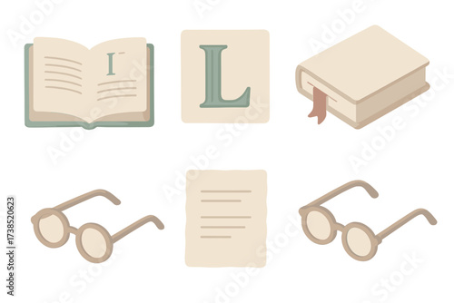 Isometric Reading Elements. Isometric vector illustration set Book typography: open book page, serif chapter title, decorative