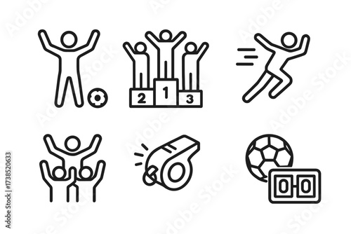 Sports Excitement Icons. Outline icon set of excitement in sports: goal celebration, medal podium, victory pose, fast runner, cheering crowd, referee whistle,