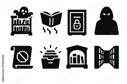 Cursed Library Icons. Solid, filled icon set of cursed libraries: haunted bookshelf, floating book, locked archive, shadow librarian, silent scroll, glowing