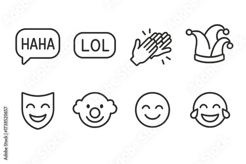 Laughter Icon Set. Outline icon set of laughter sounds and reactions: haha text bubble, LOL abbreviation, clapping hands, applause, funny hat, comedy mask,