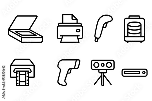 Scanner Icon Set. Outline icon set of scanner types: flatbed scanner, sheetfed scanner, handheld scanner, drum scanner, film scanner, barcode scanner, 3D