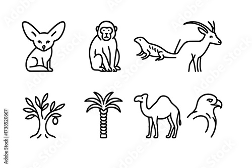 Algerian Wildlife Icons. Outline icon set of Algerian wildlife: Fennec fox, Barbary macaque, Desert lizard, Saharan antelope, Olive tree, Date palm, Sahara