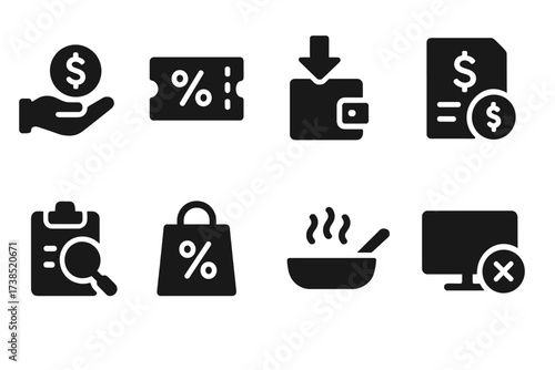 Downturn Consumer Icons. Solid, filled icon set of consumer behavior during downturn: saving money, coupon, reduced spending, debt payment, job search,