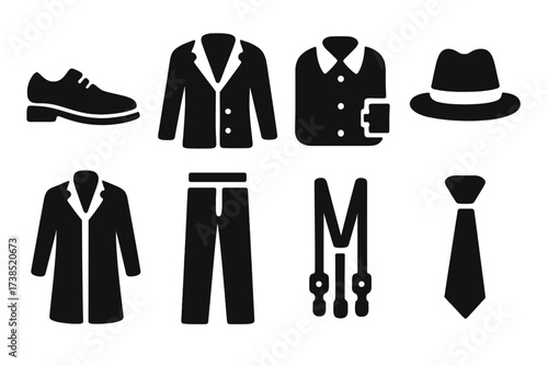Gentleman Attire Icons. Solid, filled icon set of gentleman attire: dress shoes, blazer, shirt with cufflinks, tie, trousers, suspenders, fedora, overcoat.