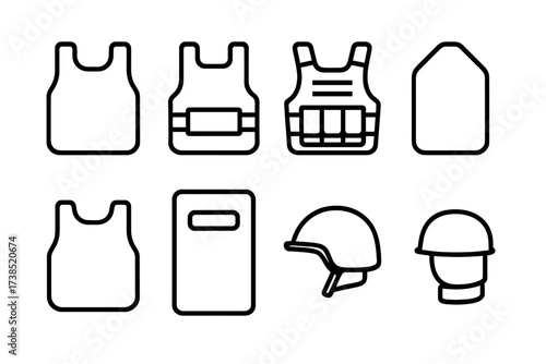 Body Armor Icons. Outline icon set of body armor types: ballistic vest, plate carrier, tactical vest, ceramic plate, soft armor, riot shield, helmet, neck