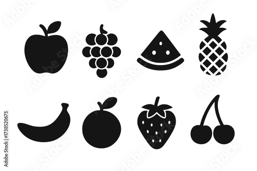Wallpaper Mural Feast Fruit Icons. Solid, filled icon set of feast fruits: apple, grapes, watermelon, pineapple, banana, orange, strawberry, cherry. Solid, filled icons in Torontodigital.ca