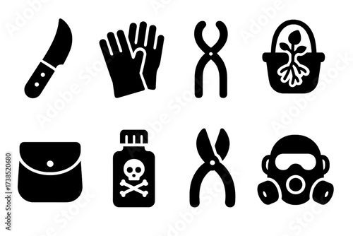 Poisonous Plant Tool Icons. Solid, filled icon set of poisonous plant harvesting tools: herb knife, gloves, iron tongs, root basket, satchel, labeled vial,