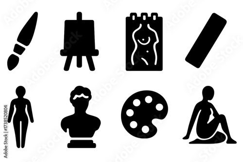Nude Art Icon Set. Solid, filled icon set of nude art concepts: paintbrush, easel, sketchpad, charcoal stick, clay figure, sculpture bust, artist palette, nude