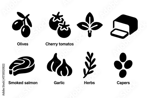 Appetizer Ingredients Icons. Solid, filled icon set of appetizer ingredients: olives, cherry tomatoes, basil leaves, cream cheese, smoked salmon, garlic