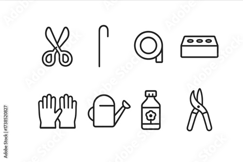 Flower Tool Icons. Outline icon set of bouquet tools: scissors, florist wire, tape, floral foam, gloves, watering can, flower food, pruning shears. Line icons