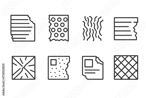 Packaging and Security Icons. Outline icon set of torn packaging materials: ripped cardboard sheet, torn bubble wrap, shredded paper filler, torn packing tape,
